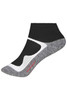 Sport socks in black with grey and white accents, featuring a logo on the side. Short length for athletic wear.