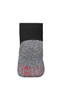 A pair of sport socks featuring a black cuff and a grey body with red detailing and a logo.