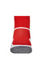 A pair of short sport socks in red and grey, featuring a logo on the side.