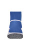 A pair of sports socks in blue with a white pattern and a grey heel. The socks feature a logo.