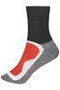 A pair of sport socks featuring a black upper, grey foot, and red accents. Includes a logo.