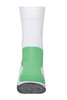 A pair of sporty socks in white with a green section and grey detailing, featuring a logo.