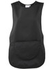 A black Pocket Tabard featuring a large front pocket and a simple sleeveless design. It has a logo on the label.