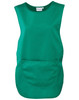 A green pocket tabard featuring a large front pocket and a simple sleeveless design. It has a branding logo.