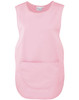 A pink Pocket Tabard featuring a front pocket and a sleeveless design. It has a logo detail on the label.