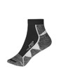 A pair of sport sneaker socks featuring a grey and black design with a logo on the side.