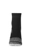 A pair of black sports sneaker socks with grey accents and a logo on the side.