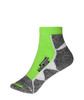 A pair of sport sneaker socks featuring a bright green top and grey patterned material, with a logo on the side.