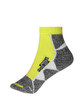 A pair of ankle-length socks featuring vibrant yellow and grey colours, with a logo on the side.