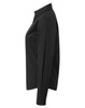 A women's black poplin long-sleeve blouse with a button-up design and a logo on the sleeve.