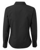 A black women's poplin long sleeve blouse featuring a collared neckline and button cuffs, shown from the back.