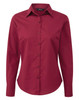 A burgundy long-sleeve button-up women's poplin blouse with a collared neckline and a logo.