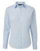A light blue women's poplin long-sleeve blouse with a button-up front and a collar. Features a logo on the label.