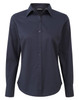 A women's long-sleeve button-up blouse in navy blue with a classic collar and buttons down the front.