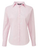 A pink women's poplin long-sleeve blouse with a button-up front and a collar. Features a logo.