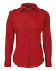 A red women's poplin long-sleeve blouse with a collared neck and button-up front. Features a logo.