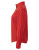 A red women's poplin long sleeve blouse with a button-up collar and sleeve cuffs, featuring a branding logo.