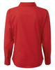 A red women's poplin long-sleeve blouse with a button-up design, featuring a collar and buttoned cuffs.