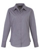 A grey women's poplin long-sleeve blouse with a button-up front and a collared neckline.