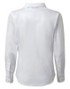 A white long-sleeve button-up blouse with a collar and buttoned cuffs, featuring a logo.