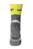A pair of grey and yellow sports socks with a logo, showcasing a sleek design for athletic use.