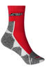 Sport socks in red, grey, and white featuring a logo, designed for athletic use.