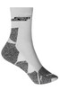 Sport socks in white with grey accents, featuring a logo at the top. Designed for sports and active wear.