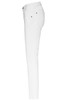 A pair of white stretch pants featuring five pockets, tailored in a slim fit style. The pants include a branding logo.