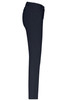 A pair of navy stretch pants with five pockets, featuring a slim fit design and an elastic waistband.