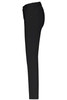A side view of black stretch pants with five pockets, featuring a slim fit design.