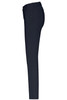 A pair of navy stretch pants featuring five pockets, displayed from the side with a smooth silhouette.