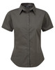 A short-sleeved, dark grey button-up blouse featuring a classic collar and a fitted silhouette. It has a logo.