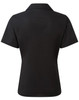A black women's short-sleeve poplin blouse with a collar, featuring a sleek, tailored back design.