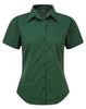 A green women's short-sleeve button-up blouse featuring a collar and a front button closure.