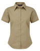 A women's short-sleeve poplin blouse in khaki with a button-up front and a collar. It features a logo.