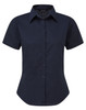 Short-sleeved women's poplin blouse in navy blue with a button-up front and a collar, featuring a logo.