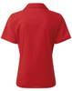 A red women's short-sleeve poplin blouse with a collar, featuring a logo on the back.