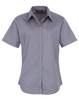 A button-up women's short-sleeve blouse in a grey shade, featuring a classic collar and front button closure.