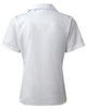 A short-sleeved women's poplin blouse in white, featuring a classic collar and a fitted back design.