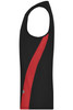 A men's running tank in black with a red diagonal stripe. It features a logo on the fabric.