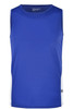 A blue men's running tank top with white side panels and a logo.