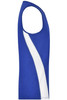 A men's running tank in blue with a white stripe, featuring a logo on the fabric.