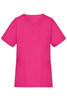 A pink tunic featuring short sleeves and a v-neckline, with a front pocket and side pockets. It has a logo.