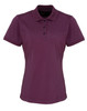 A women's polo shirt in deep purple, featuring a collar and three-button placket. Includes a logo on the chest.