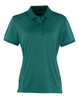 A women's short-sleeve polo shirt in a deep teal colour with a collar and three button placket. It has a logo.