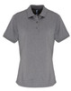 A women's short-sleeve polo shirt in grey with a collar and buttons, featuring a branding logo.