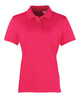A women's polo shirt in vibrant pink, featuring a collared neckline and short sleeves. It has a logo on the front.