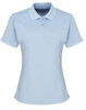 A light blue women's polo shirt with a classic collar and short sleeves, featuring a logo on the chest.