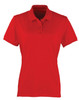 A red women's polo shirt with a classic collar and short sleeves, featuring a logo.