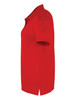 A red women's polo shirt with short sleeves, featuring a collar and a side slit, includes a logo.